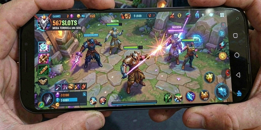 Tampilan menarik dari gameplay MOBA 567SLOTS dengan karakter yang beragam.