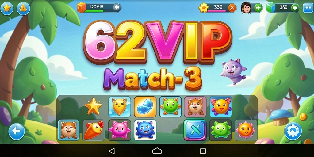 Screenshot permainan <strong>62VIP</strong> yang menunjukkan gameplay Match-3 yang seru.