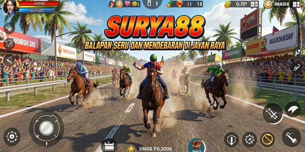 Tampilan gameplay SURYA88 dengan mobil balap yang melaju kencang di jalanan.